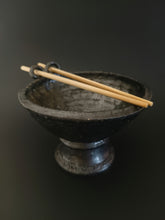 Load image into Gallery viewer, Handmade Black Pedestal Bowl with Oil Skin Glaze